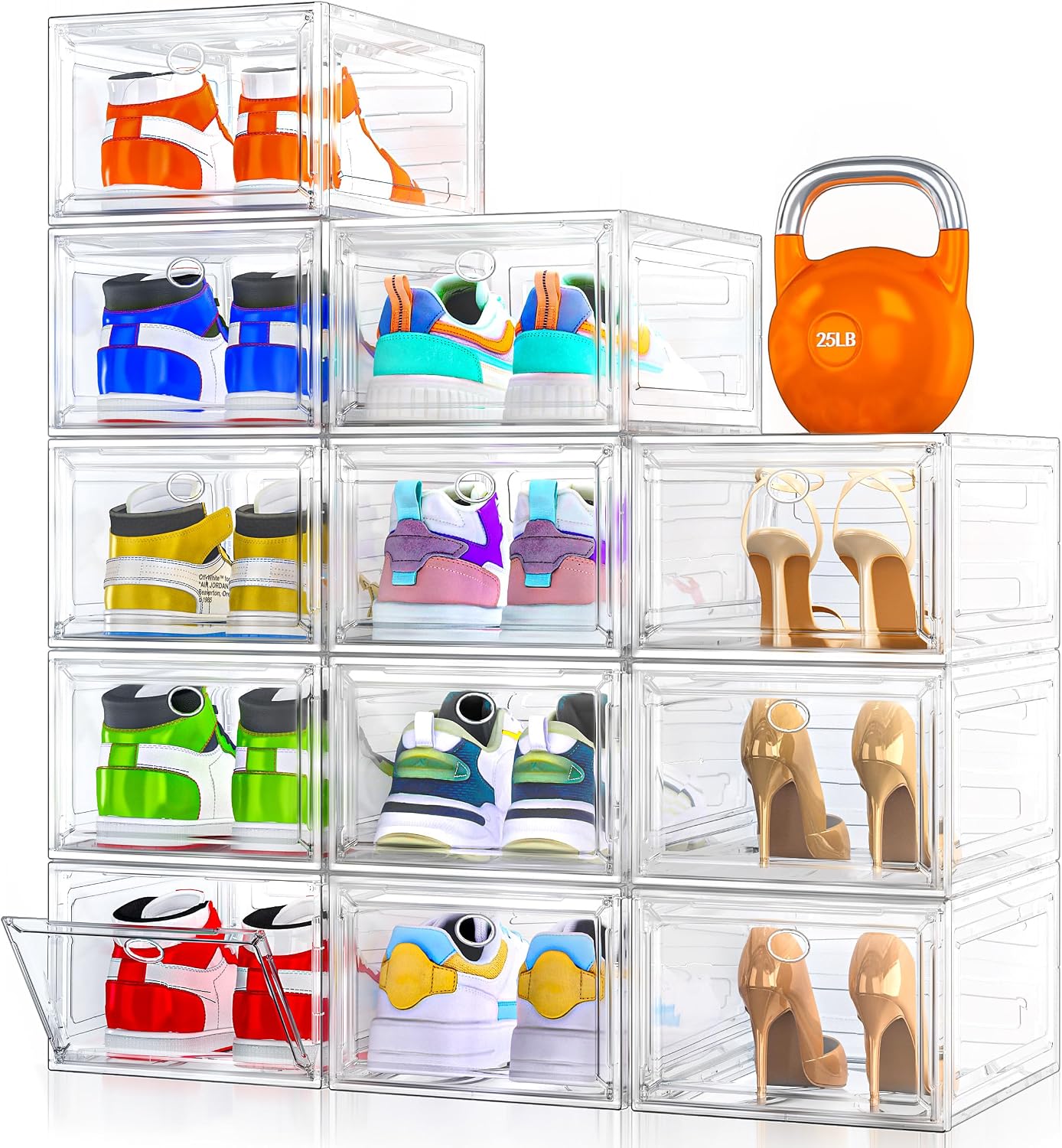7 code Thicken and Sturdy Clear Shoe Storage Organizer with Magnetic Door, Stackable Boxes for Closet, Foldable Shoe Rack for Sneaker Boot Container