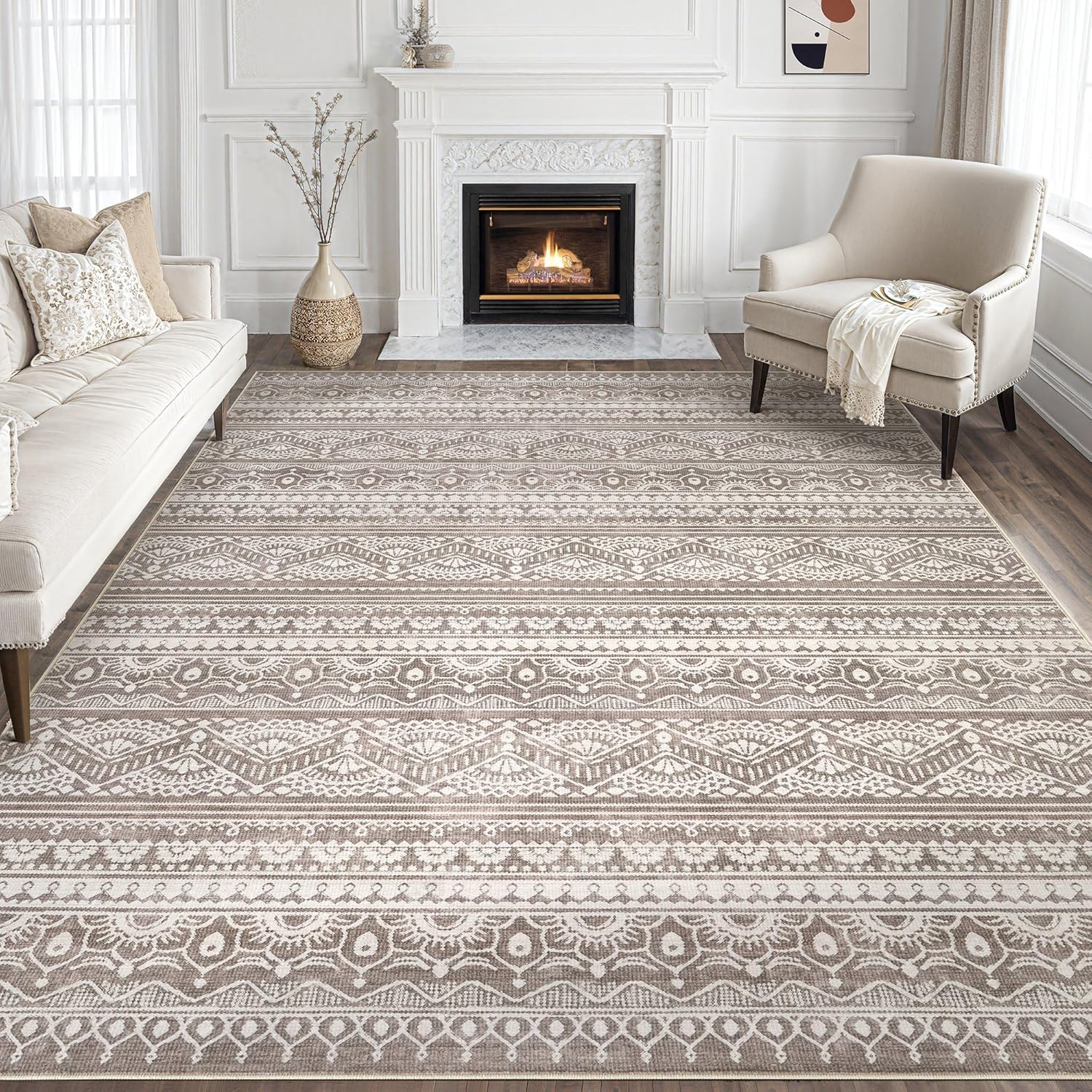 Tortania Area Rug Living Room Rugs - 10x12 Washable Large Soft Neutral Boho Moroccan Bohemian Farmhouse Rug Indoor Floor Carpet for Bedroom Under
