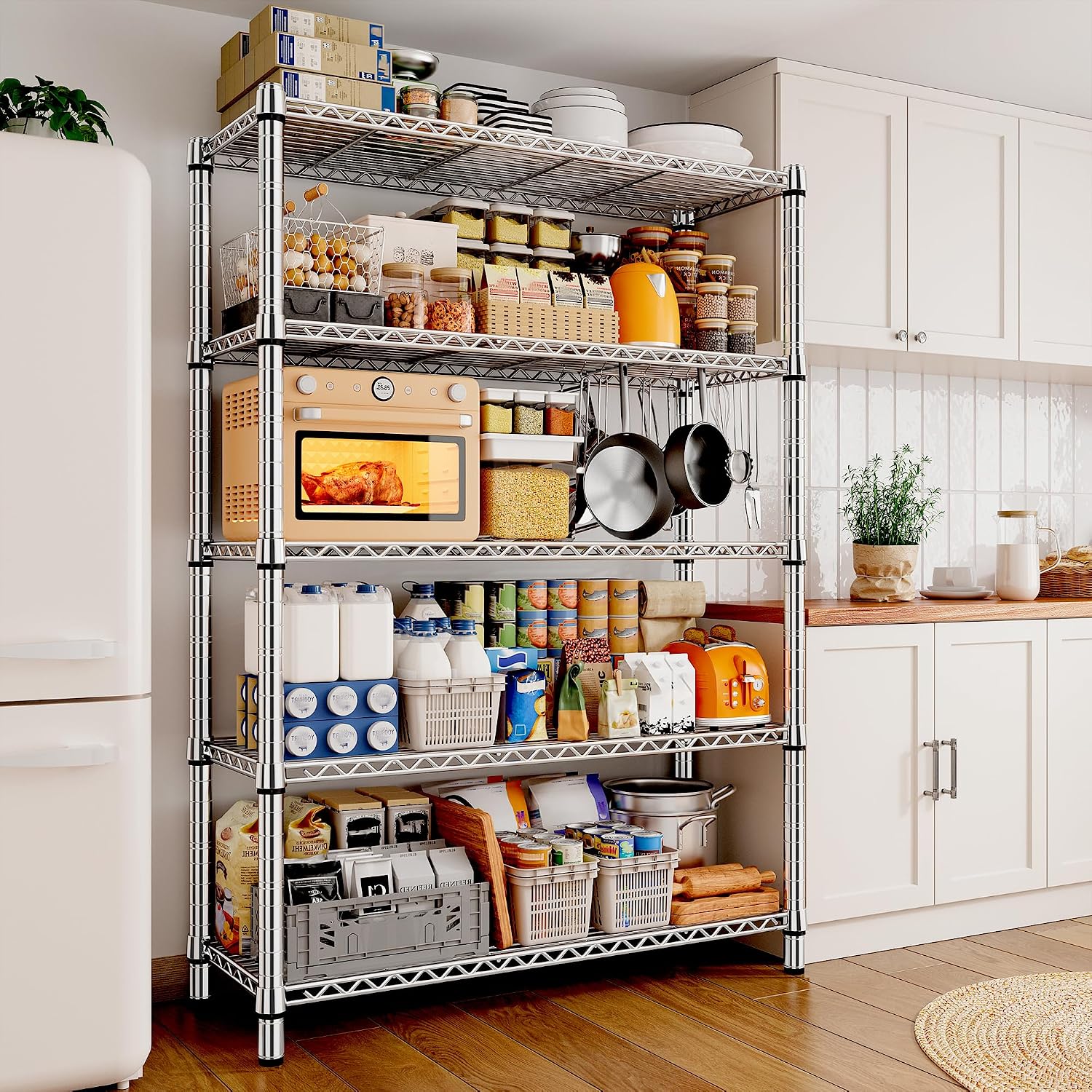 REIBII 73''H Storage Shelves 1660LBS Wire Shelving Unit with Wheels 5 Tier Metal Shelving, Heavy Duty Metal Shelves for Storage Rack