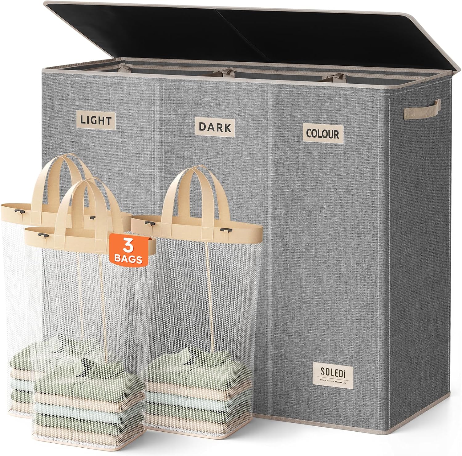 SOLEDI 180L Laundry Hamper 3 Section, Extra Large Laundry Hamper with Lid, Dirty Clothes Hamper with Sturdy Handle