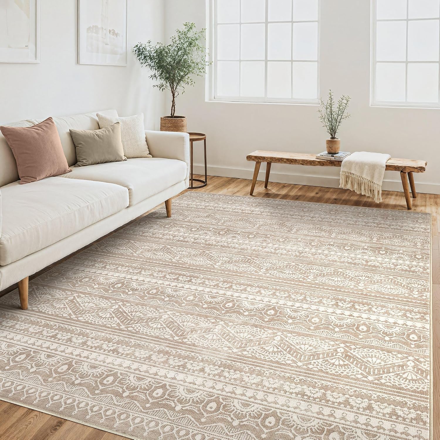 Tortania Area Rug Living Room Rugs - 10x12 Washable Large Soft Neutral Boho Moroccan Bohemian Farmhouse Rug Indoor Floor Carpet for Bedroom Under
