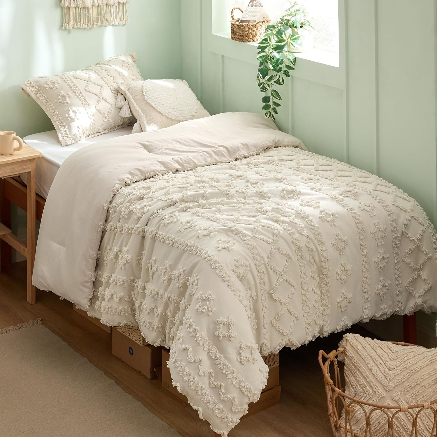 Bedsure Tufted Boho Comforter Set Queen Size - Linen Boho Bed Set, GentleSoft™ 3 Pieces Farmhouse-Style Embroidery Bedding, Gifts for Woman