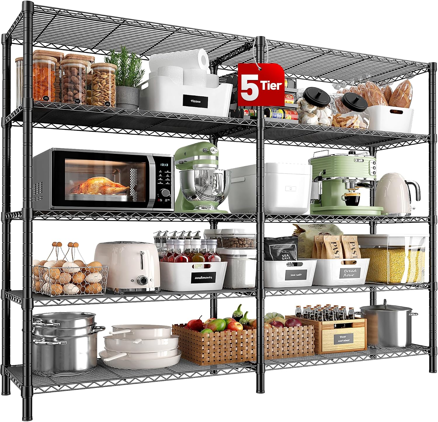 REIBII 58" W Storage Shelves Wire Shelving 1400LB Metal Shelves for 5 Tier Shelving Unit with Shelf Adjustable Garage Shelving Rack for Pantry Kitchen