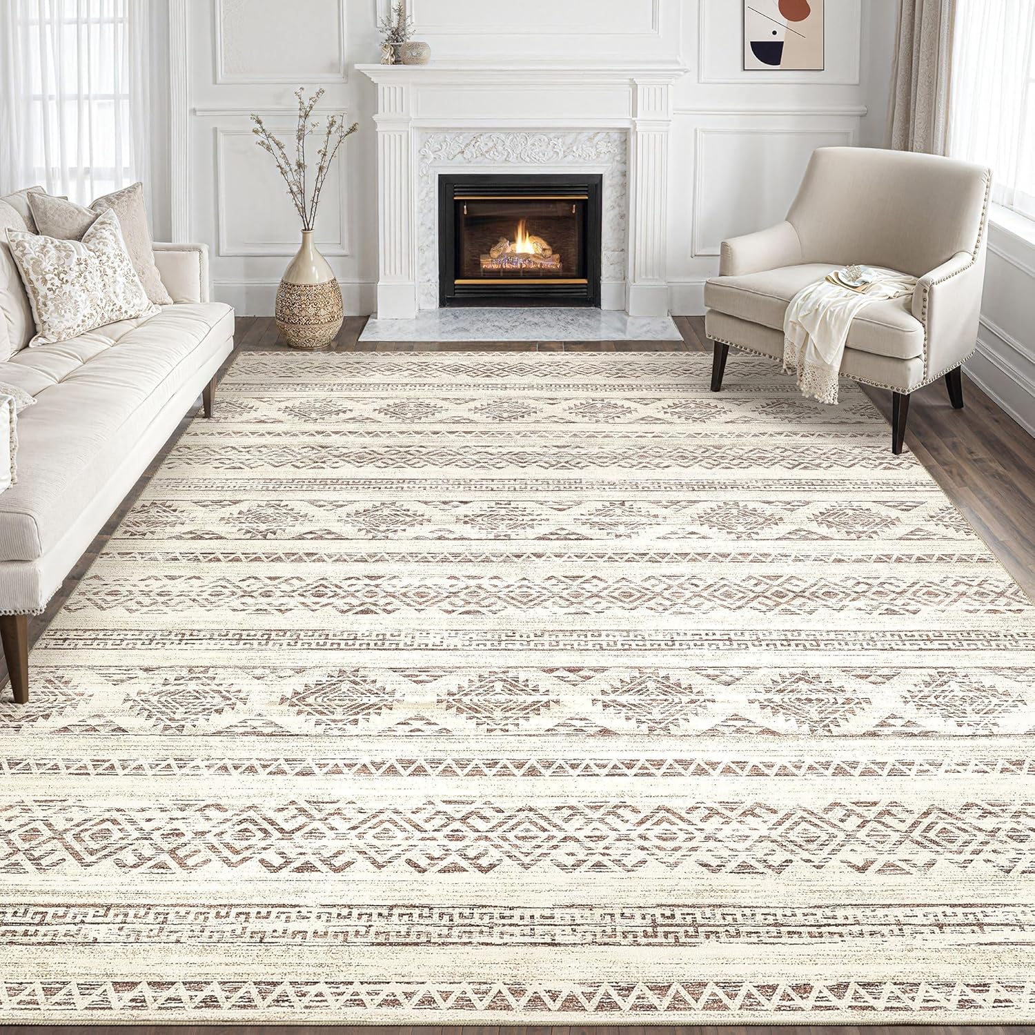 Tortania Area Rug Living Room Rugs - 10x12 Washable Large Soft Neutral Boho Moroccan Bohemian Farmhouse Rug Indoor Floor Carpet for Bedroom Under