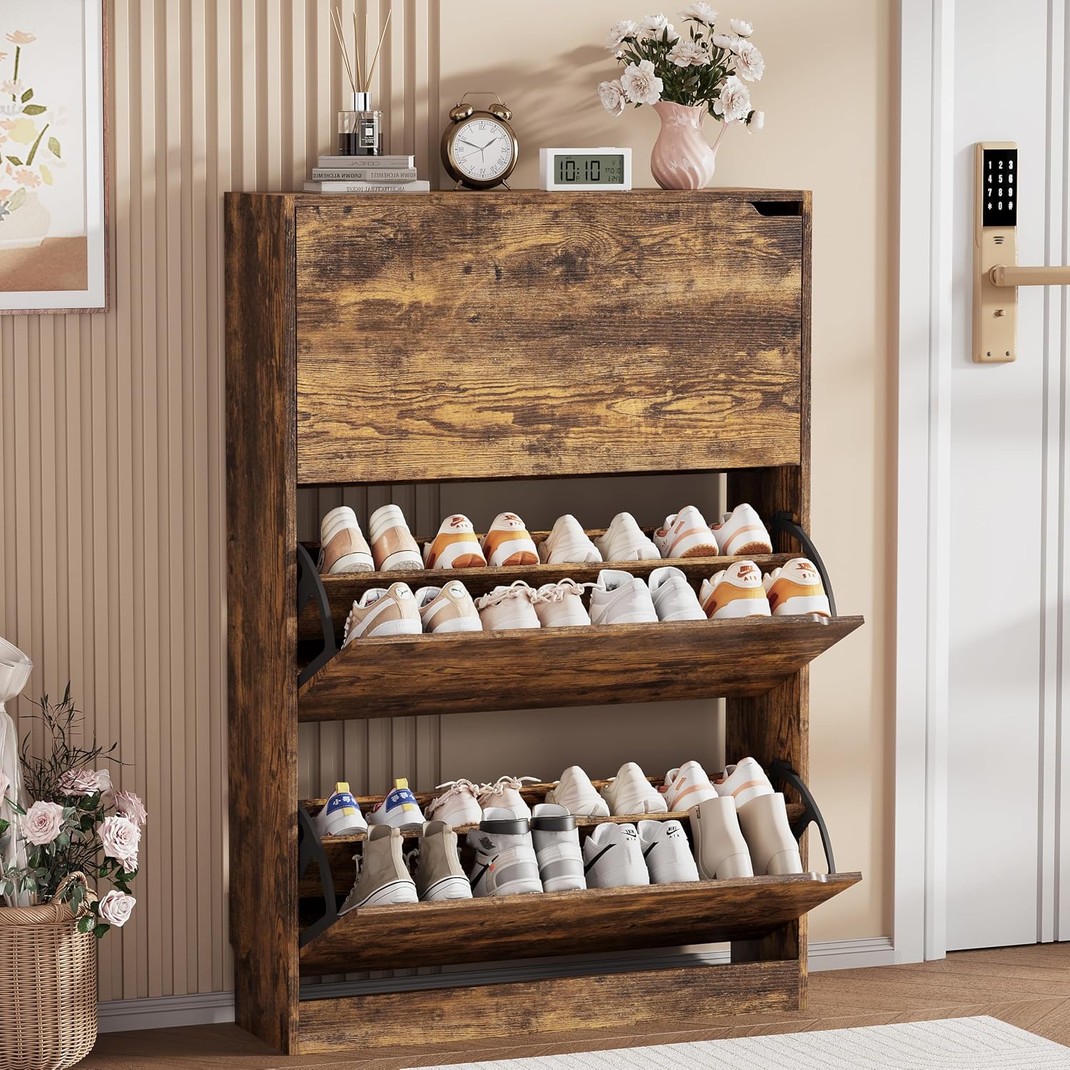 Shoe Storage Cabinet, Wood Shoe Organizer for Entryway with 3 Flip Drawers, Freestanding Shoe Rack with Adjustable Shelf