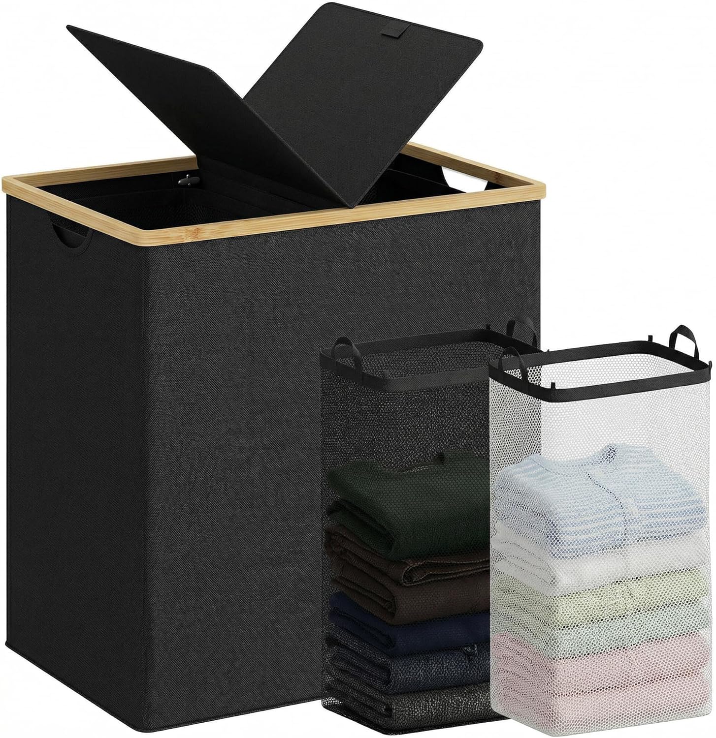 efluky Laundry Hamper with Lid, Double Laundry Basket with 2 Removable Bags, 2 Section Laundry Bin with Bamboo Handles for Bathroom