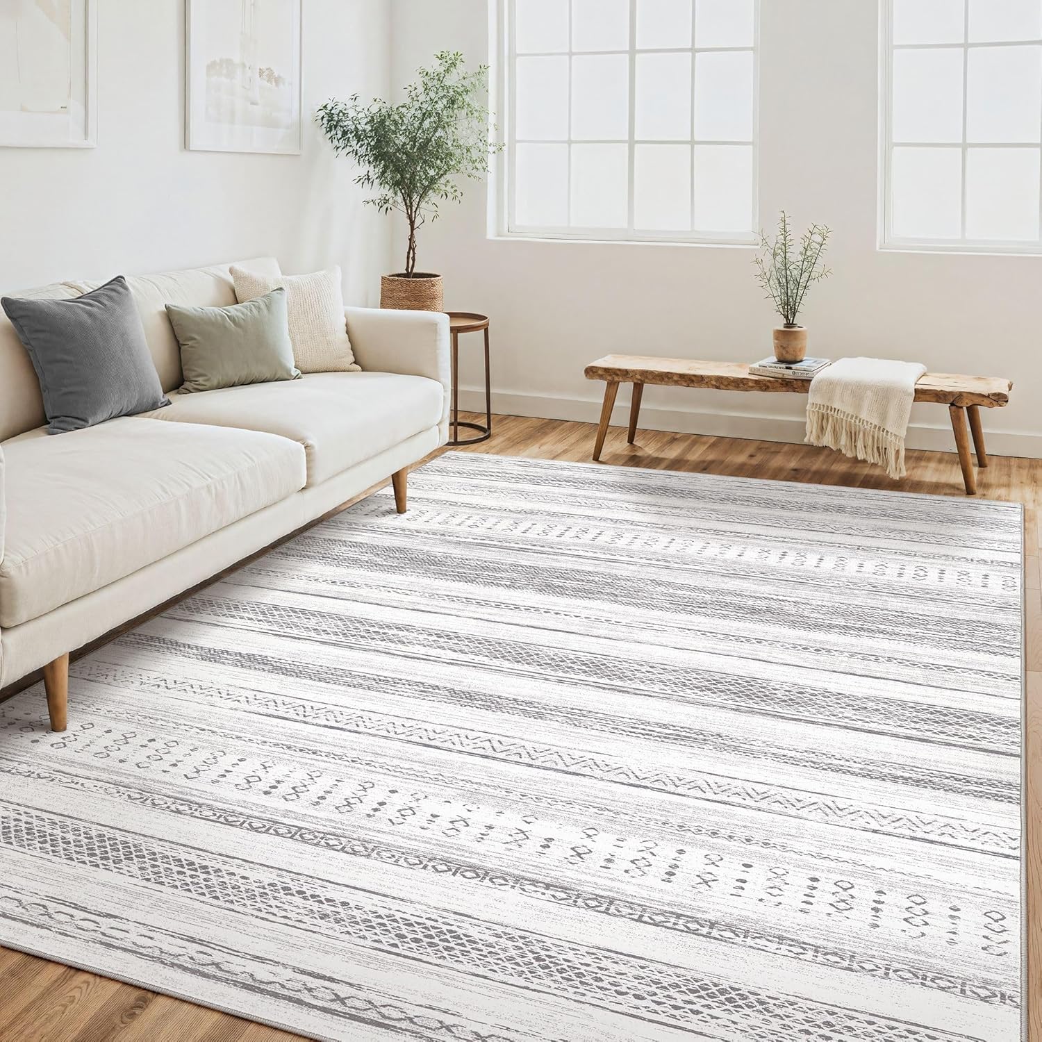 Tortania Area Rug Living Room Rugs - 10x12 Washable Large Soft Neutral Boho Moroccan Bohemian Farmhouse Rug Indoor Floor Carpet for Bedroom Under
