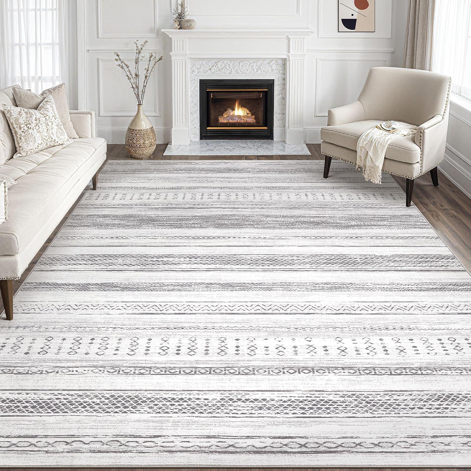 Tortania Area Rug Living Room Rugs - 10x12 Washable Large Soft Neutral Boho Moroccan Bohemian Farmhouse Rug Indoor Floor Carpet for Bedroom Under
