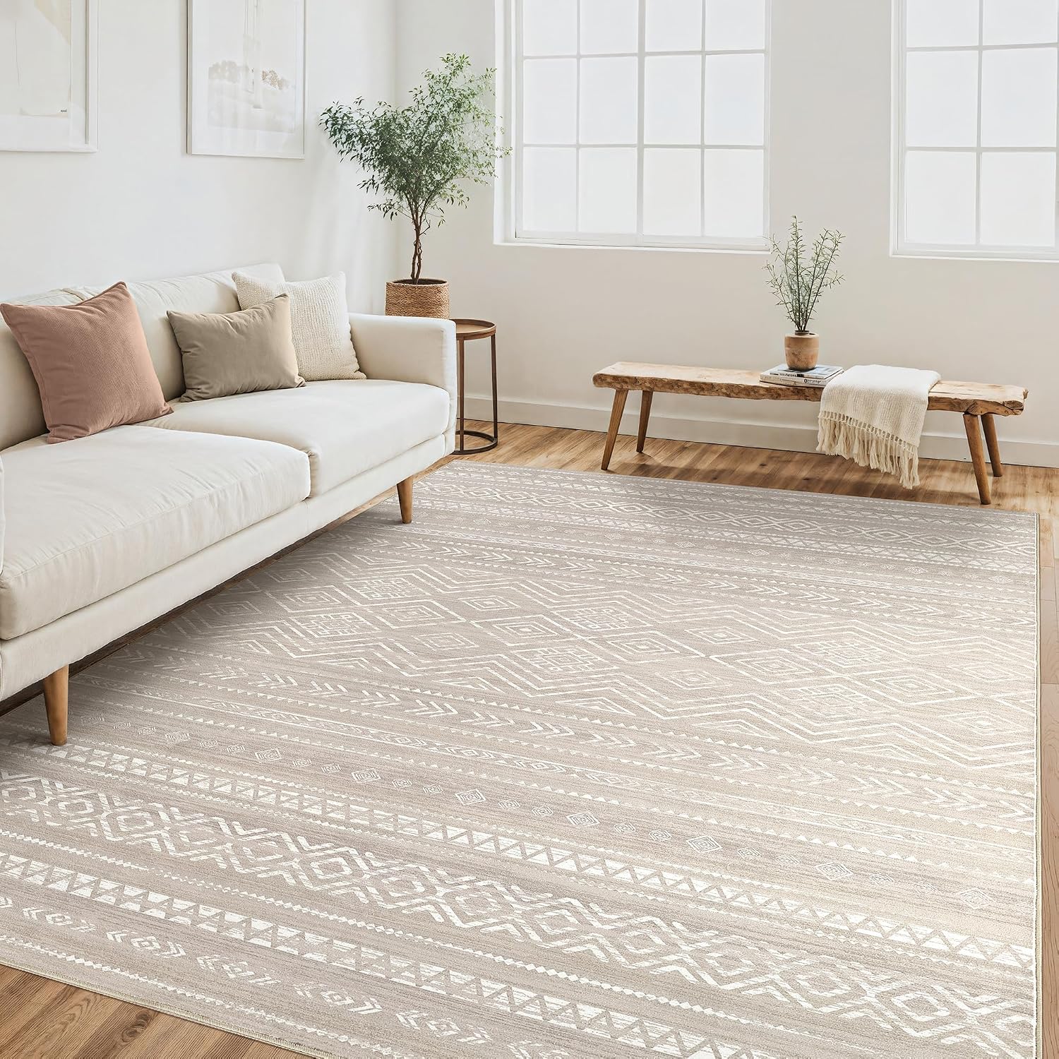 Tortania Area Rug Living Room Rugs - 10x12 Washable Large Soft Neutral Boho Moroccan Bohemian Farmhouse Rug Indoor Floor Carpet for Bedroom Under