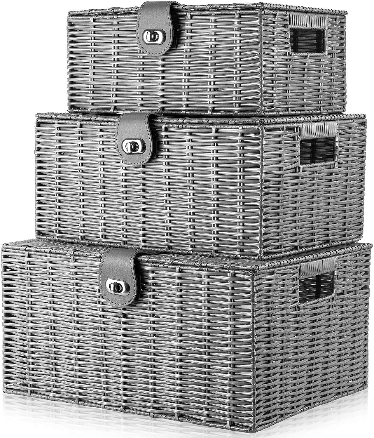 Homepeaz Set of 3 Woven Wicker Storage Basket Box with Lids and Lock, Built-in Carry Handles, Multifunctional Storage Organizer for Nursery, Baby