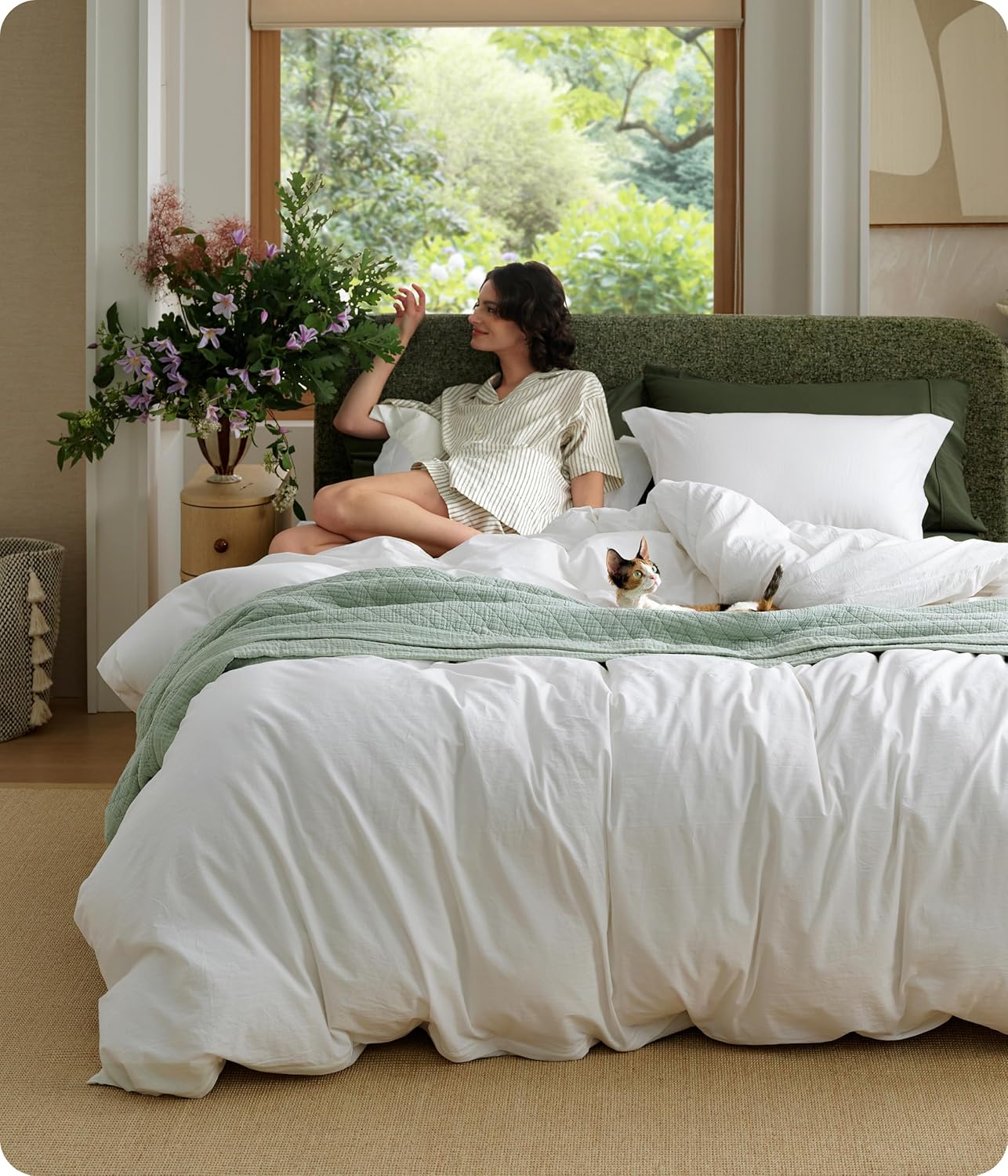 Bedsure 100% Washed Cotton Duvet Cover King Size - Sage Green Minimalist Bedding Set Linen Like - PureWoven Plain Simple and Soft Comforter Cover for