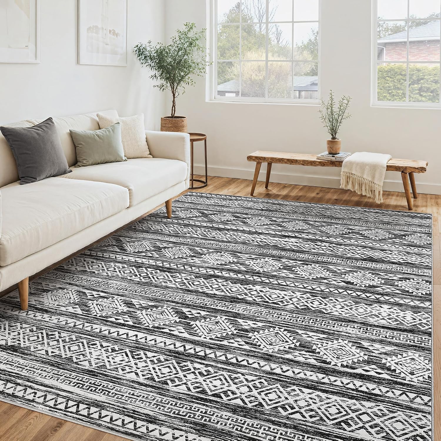 Tortania Area Rug Living Room Rugs - 10x12 Washable Large Soft Neutral Boho Moroccan Bohemian Farmhouse Rug Indoor Floor Carpet for Bedroom Under