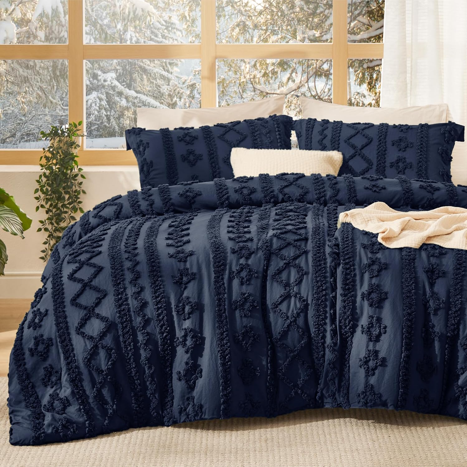 Bedsure Tufted Boho Comforter Set Queen Size - Linen Boho Bed Set, GentleSoft™ 3 Pieces Farmhouse-Style Embroidery Bedding, Gifts for Woman