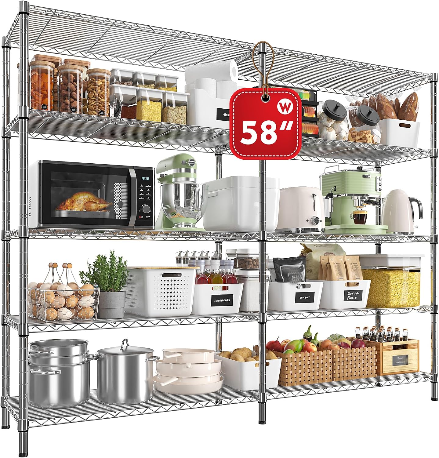 REIBII 58" W Storage Shelves Wire Shelving 1400LB Metal Shelves for 5 Tier Shelving Unit with Shelf Adjustable Garage Shelving Rack for Pantry Kitchen