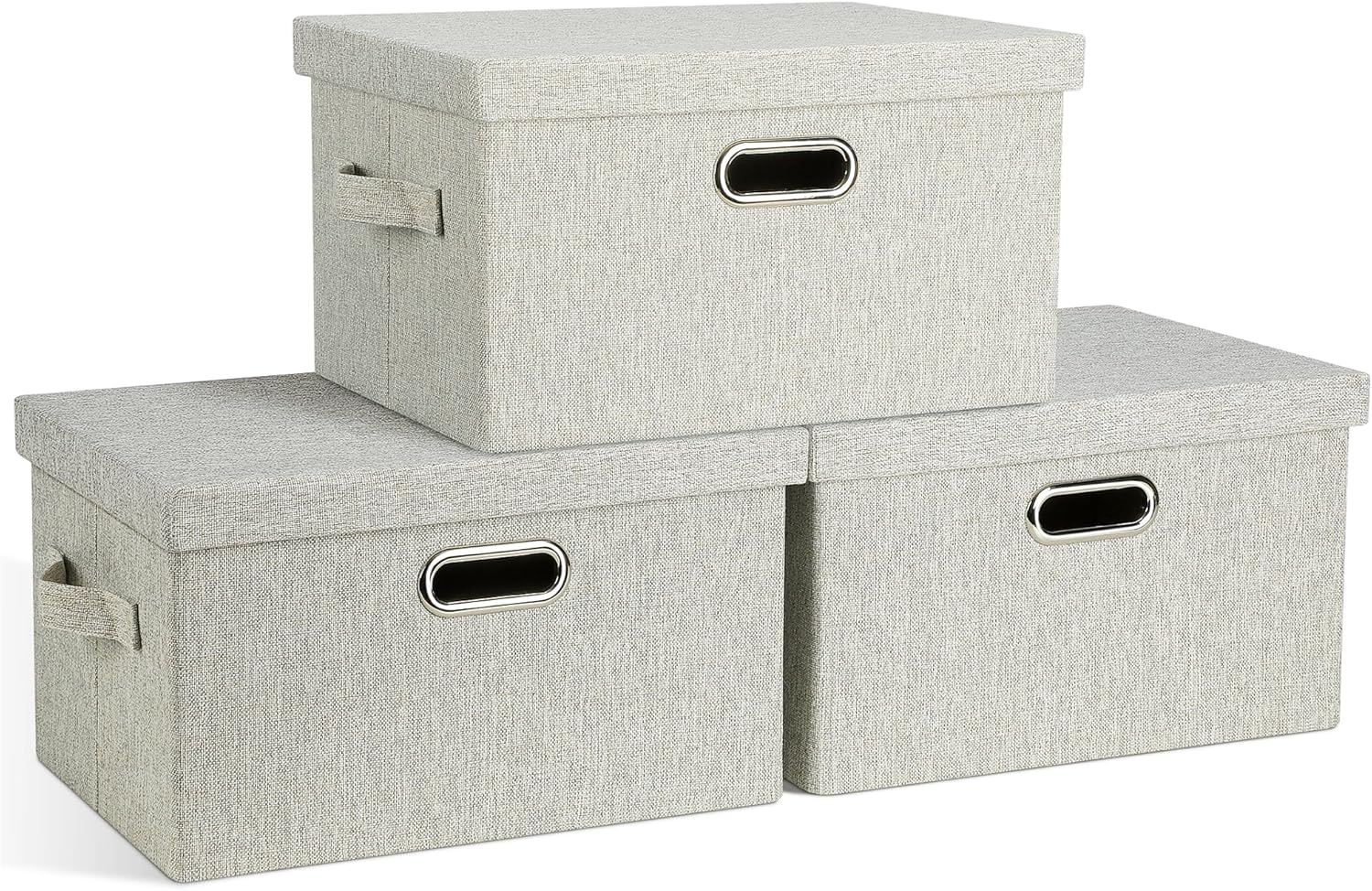 Graciadeco Large Quart Collapsible Stackable Storage Bins with Lids, 3 Packs Beige Linen Fabric Closet Boxes with Lids
