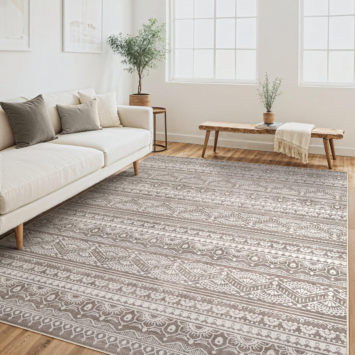Tortania Area Rug Living Room Rugs - 10x12 Washable Large Soft Neutral Boho Moroccan Bohemian Farmhouse Rug Indoor Floor Carpet for Bedroom Under