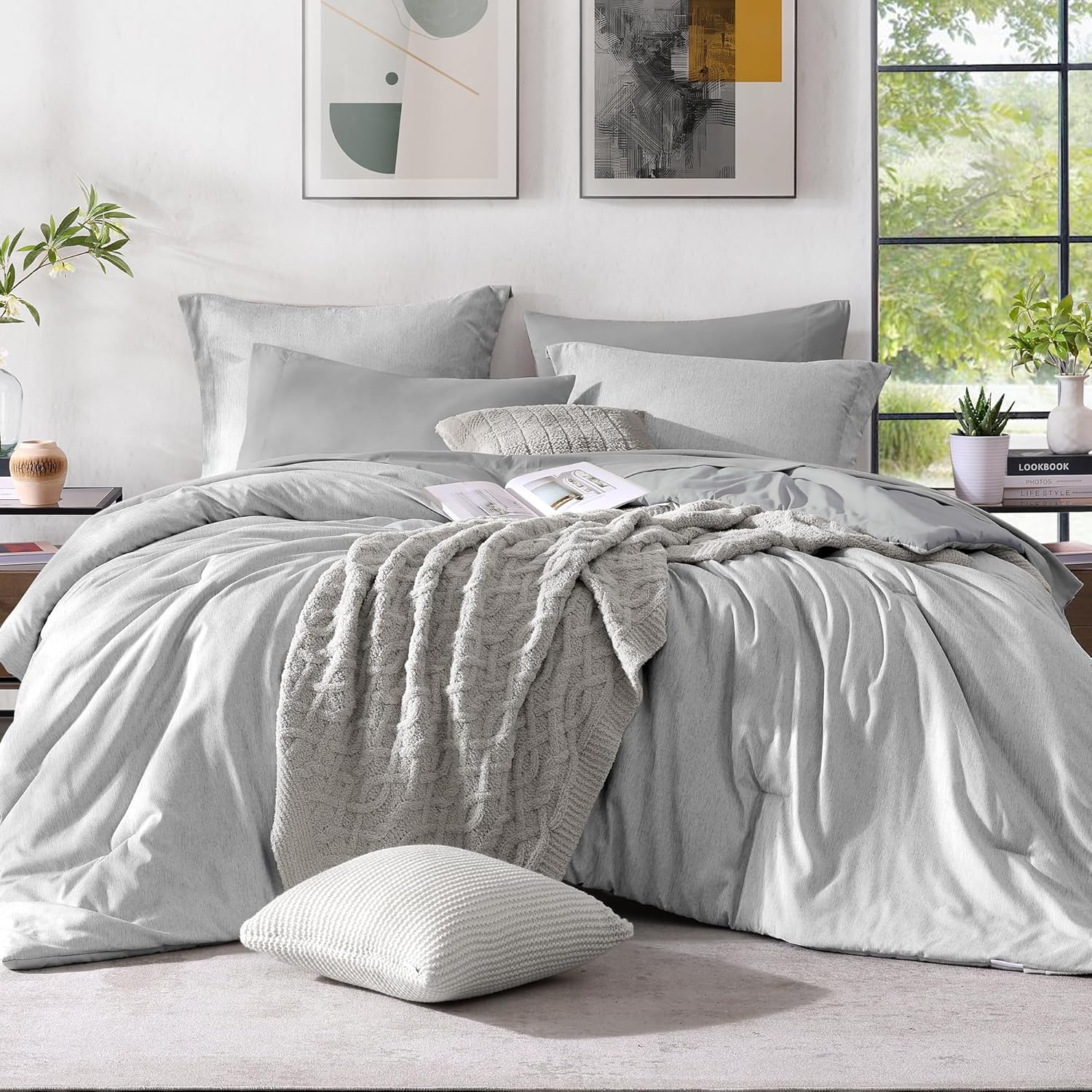 Monbix King Size Comforter Set, Olive Green King Bed Set Reversible, King Size Comforter Set 7 Pieces, Cationic Dyeing Bed in a Bag with Comforter