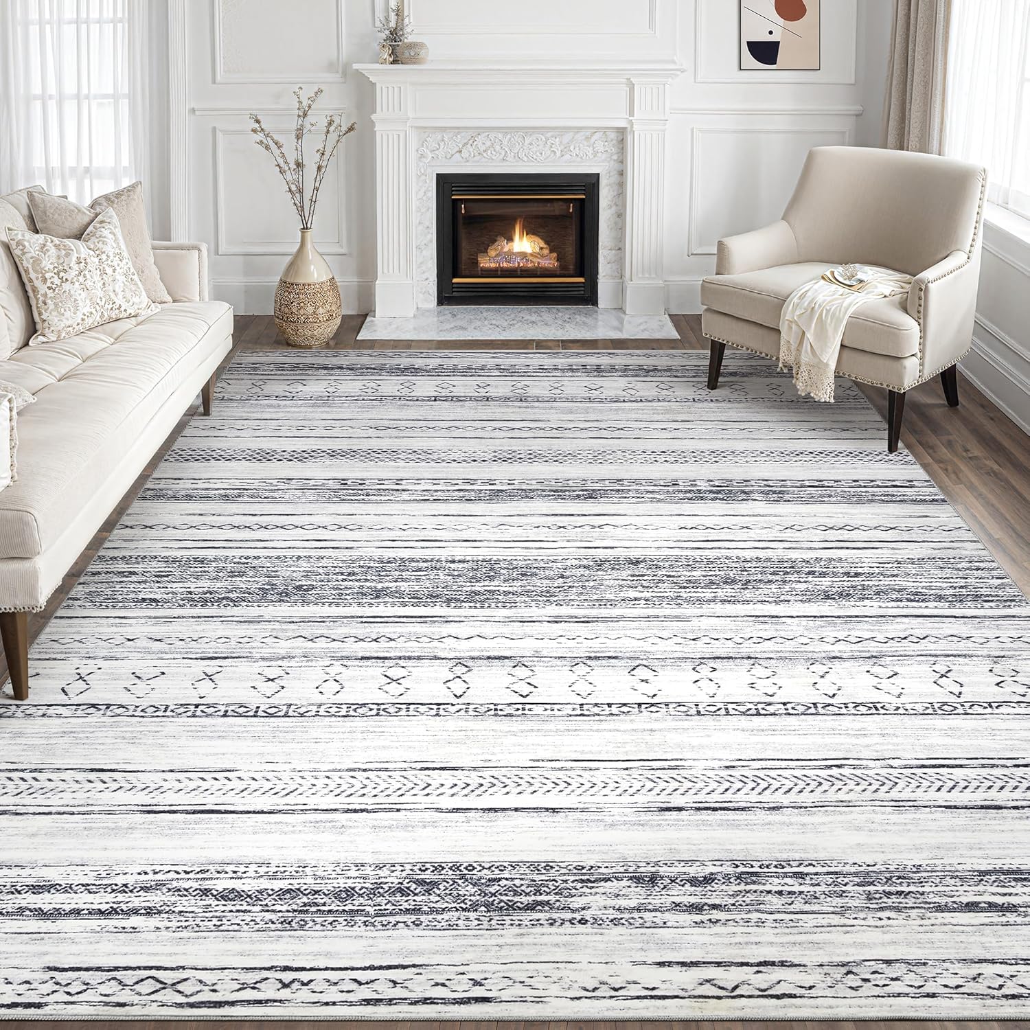 Tortania Area Rug Living Room Rugs - 10x12 Washable Large Soft Neutral Boho Moroccan Bohemian Farmhouse Rug Indoor Floor Carpet for Bedroom Under