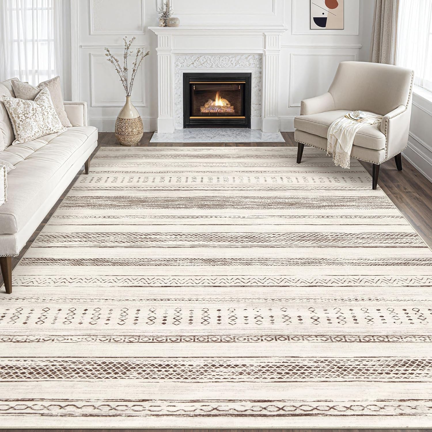 Tortania Area Rug Living Room Rugs - 10x12 Washable Large Soft Neutral Boho Moroccan Bohemian Farmhouse Rug Indoor Floor Carpet for Bedroom Under