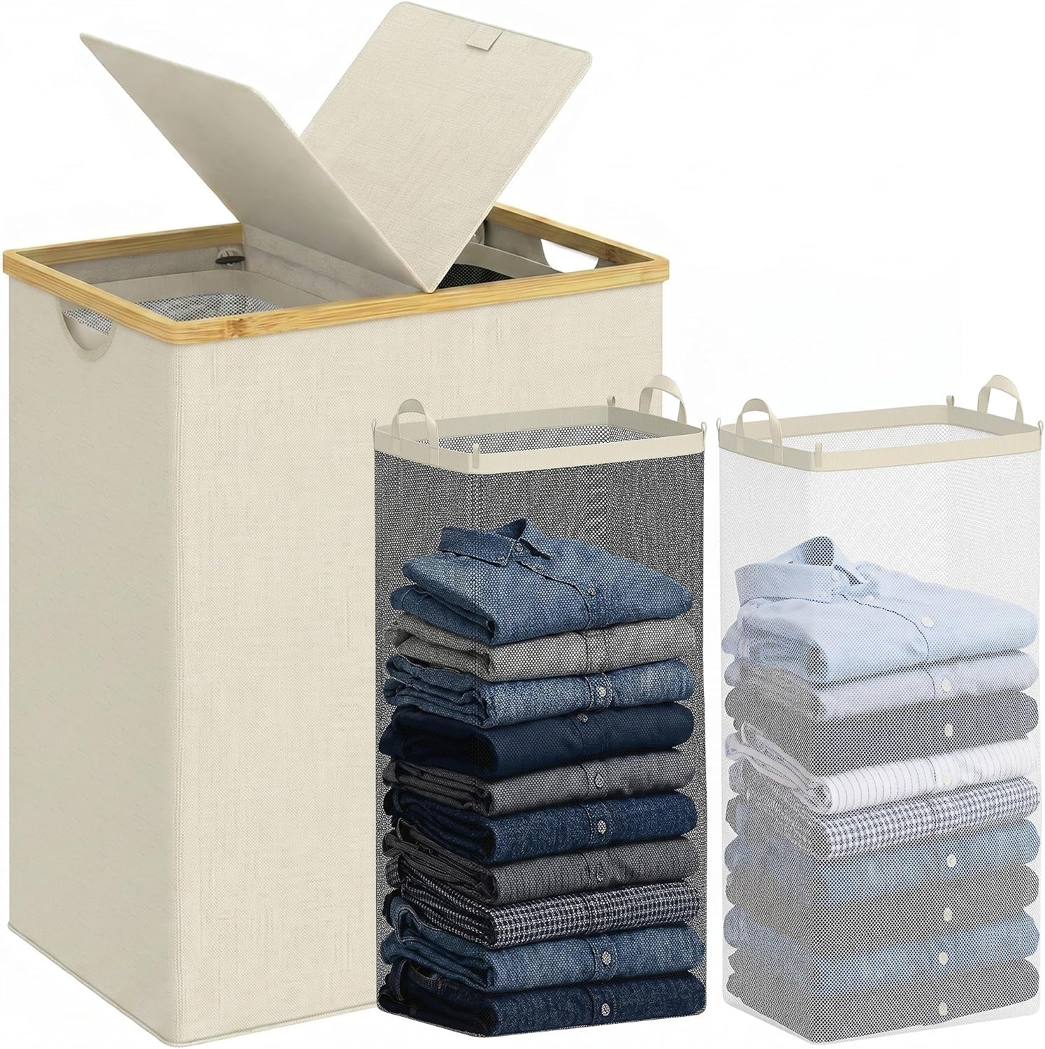efluky Laundry Hamper with Lid, Double Laundry Basket with 2 Removable Bags, 2 Section Laundry Bin with Bamboo Handles for Bathroom