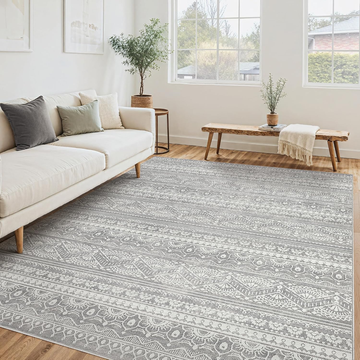 Tortania Area Rug Living Room Rugs - 10x12 Washable Large Soft Neutral Boho Moroccan Bohemian Farmhouse Rug Indoor Floor Carpet for Bedroom Under