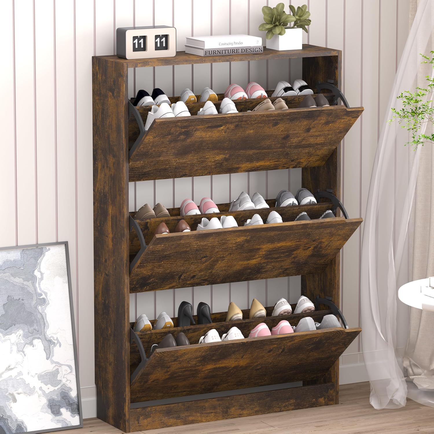 BORNOON Shoe Cabinet with 3 Flip Drawers, Hidden Wood Shoe Cabinet, Freestanding Shoe Storage Cabinet for Entryway Hallway.White. 47.2" H*31.5" W*9
