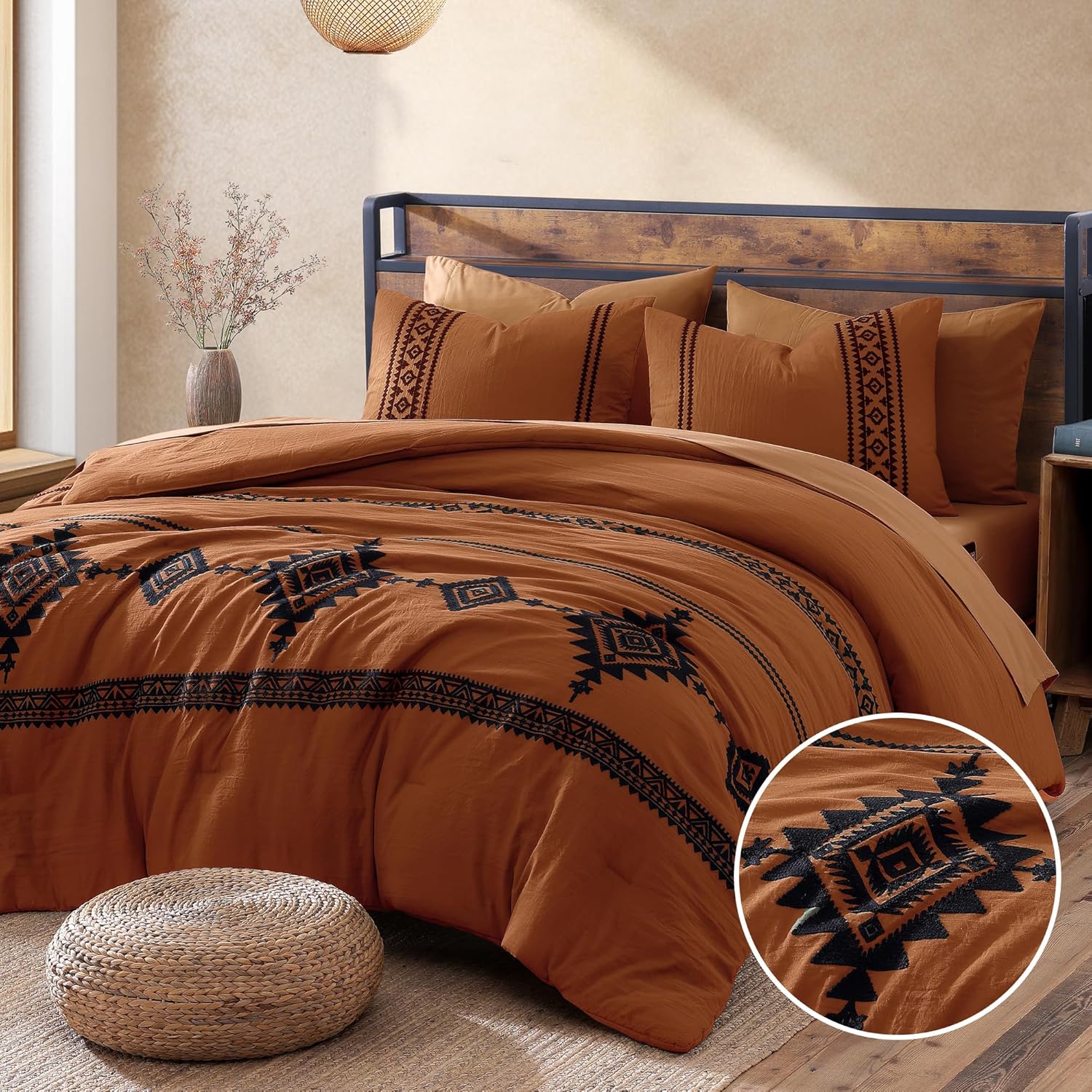MaiRêve Embroidery Comforter Set Queen Size - 7 Piece, White Boho Western Bedding All Season Bed in A Bag, Farmhouse Queen Comforter Set with Sheets