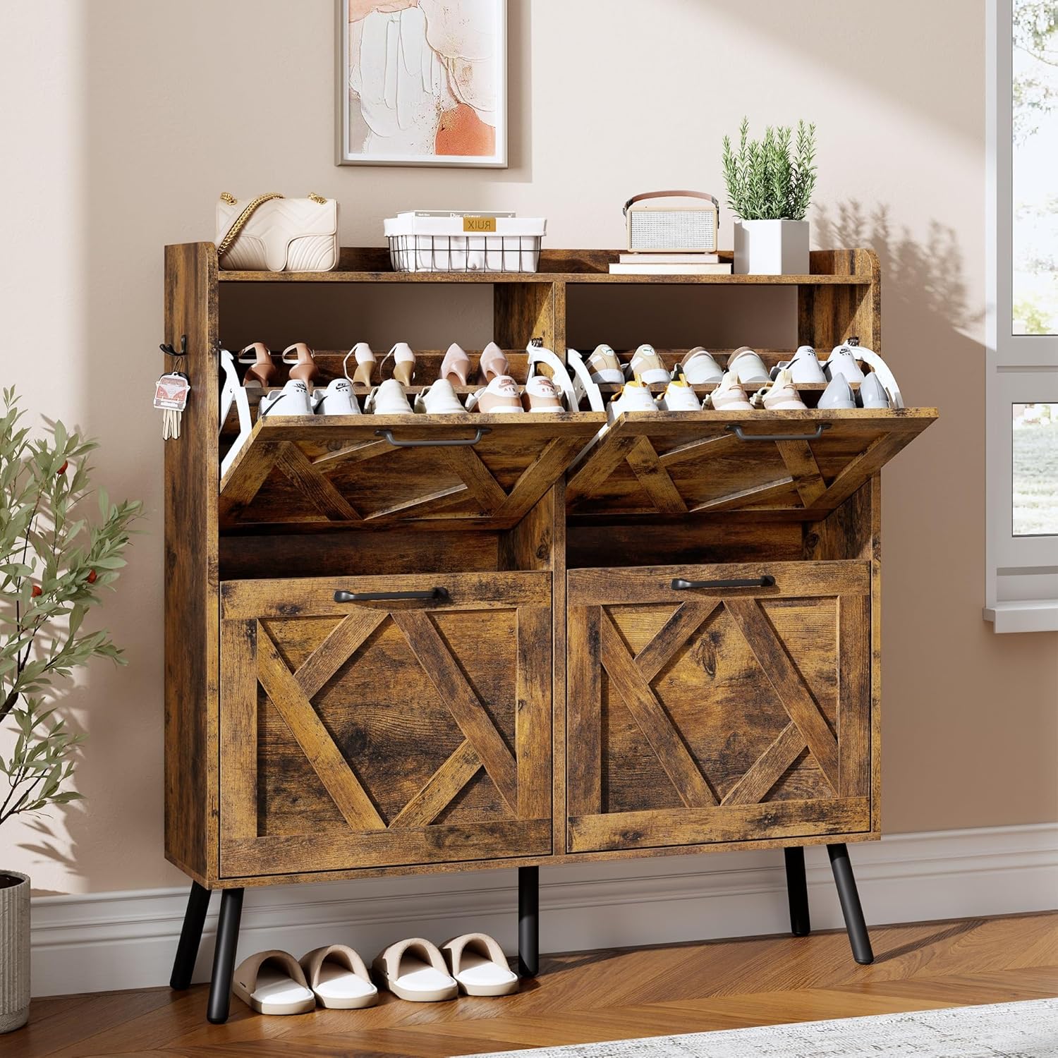 Shoe Cabinet with 2 Flip Drawers, Entryway Organizer, Chestnut, Slim Wood Shoe Rack with Metal Legs, Farmhouse Shoe Cabinet Storage for Entryway