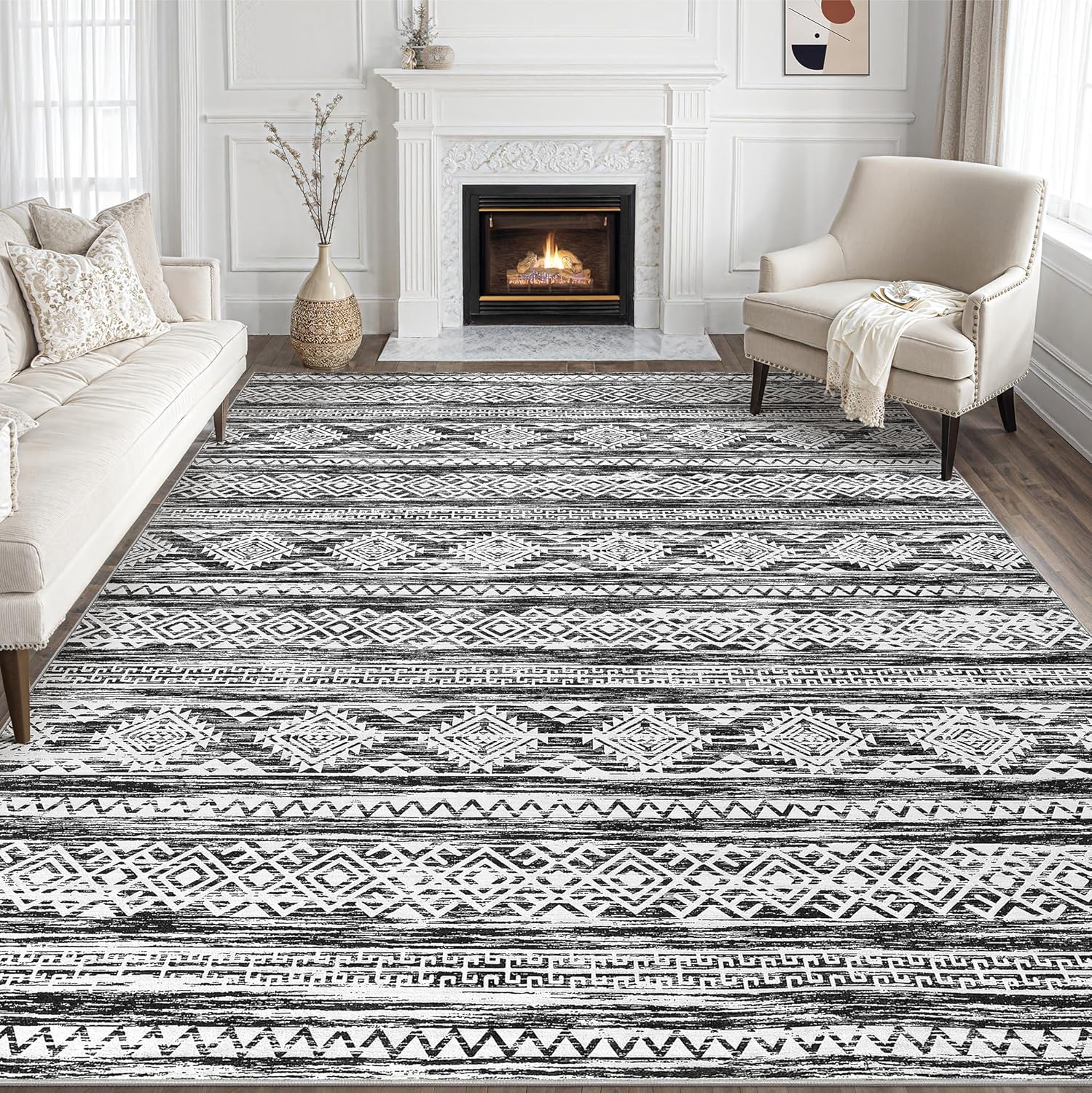 Tortania Area Rug Living Room Rugs - 10x12 Washable Large Soft Neutral Boho Moroccan Bohemian Farmhouse Rug Indoor Floor Carpet for Bedroom Under